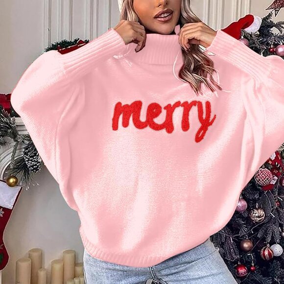 Oversized Christmas Pink Sweater Women 2025 Merry Turtleneck Batwing Sleeve - Picture 3 of 6